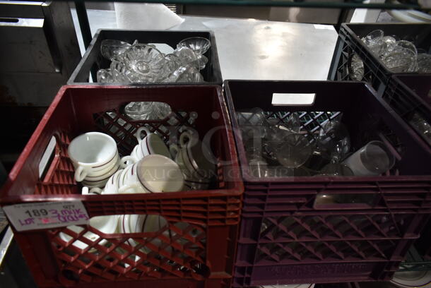 ALL ONE MONEY! Lot of 3 Bins of Dishes Including Mugs, Footed Beverage Glasses and Dessert Cups