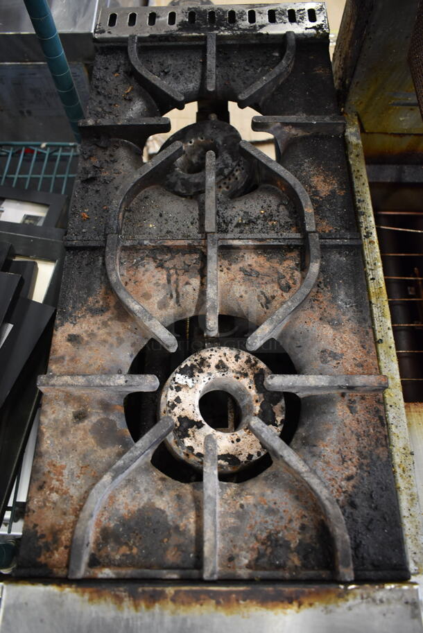 2019 Asber AFHP 2 12 NG Stainless Steel Commercial Countertop Natural Gas Powered 2 Burner Range on Stainless Steel Equipment Stand.  - Image 6 of 7