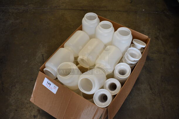 ALL ONE MONEY! Lot of 22 Poly Containers w/ 30 Pouring Tops, Various Flat Lids and Various Pourer Heads. Includes 4.5x4.5x7