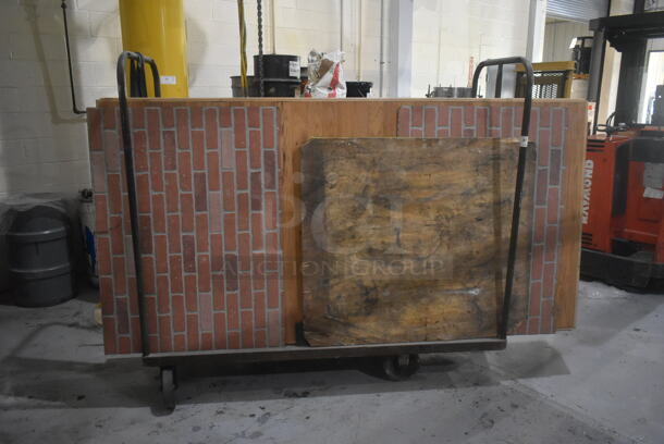 Black Metal Flat Cart w/ Contents Including Faux Brick Wall on Commercial Casters. - Image 1 of 4