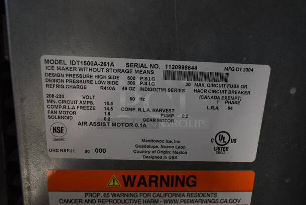 BRAND NEW SCRATCH AND DENT! 2023 Manitowoc IDT1500A Indigo NXT 48" Stainless Steel Commercial Cube Ice Machine Head. 208-230 Volts, 1 Phase, 1668 lb. - Image 10 of 11