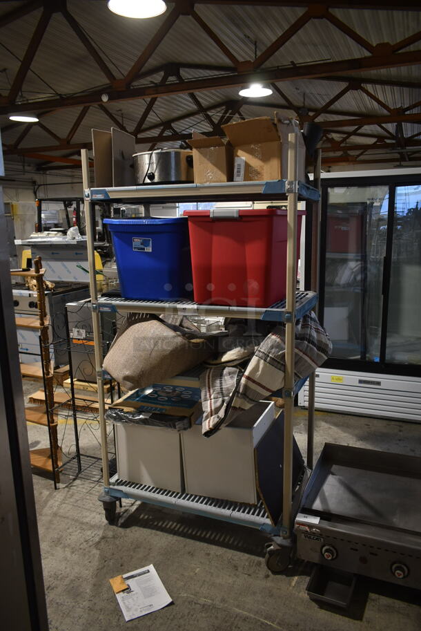 ALL ONE MONEY! Lot of 3 Tiers of Various Items Including Poly Bins, Slow Cooker and Boots. Does Not Include Shelving Unit. - Image 1 of 10