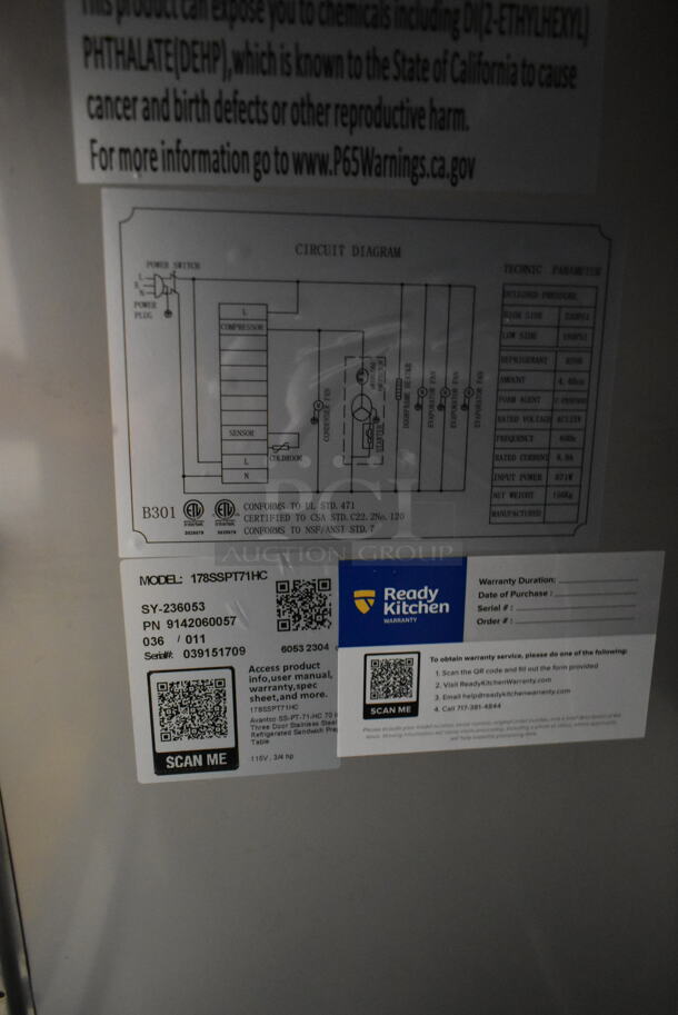 BRAND NEW SCRATCH AND DENT! 2023 Avantco 178SSPT71HC Stainless Steel Commercial Sandwich Salad Prep Table Bain Marie Mega Top. 115 Volts, 1 Phase. Tested and Working! - Image 9 of 11