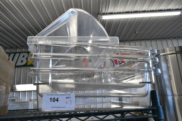Lot of BRAND NEW SCRATCH AND DENT! Clear Poly Items Including 3 Cambro 18266CW135 Camwear 26" x 18" x 6" Clear Polycarbonate Food Storage Box, Poly Lid.   - Image 1 of 6