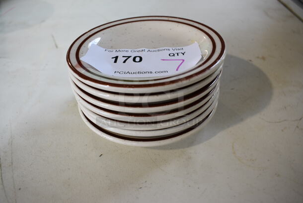 7 White Ceramic Plates w/ Brown Lines. 5.5x5.5x1. 7 Times Your Bid!