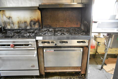 Garland Metal Commercial Natural Gas Powered 6 Burner Range w/ Oven, Over Shelf and Back Splash. This Unit Was In Working Condition When the Restaurant Closed. (kitchen)