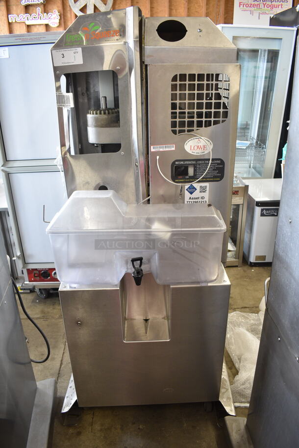 Fresh N Squeeze POS-1 Stainless Steel Commercial Floor Style Automatic Citrus Juicer on Commercial Casters. Missing Pieces. 120 Volts, 1 Phase. Tested and Working! - Image 1 of 10