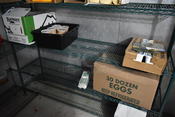 ALL ONE MONEY! Lot of Green Wire Shelving Units. Does Not Include Contents. BUYER MUST REMOVE: BUYER MUST DISMANTLE. PCI CANNOT DISMANTLE FOR SHIPPING. PLEASE CONSIDER FREIGHT CHARGES. (kitchen) - Image 8 of 9
