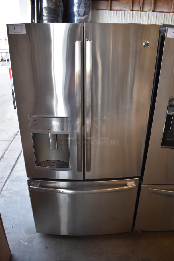 BRAND NEW SCRATCH AND DENT! General Electric DFE28JSKBSS Stainless Steel Commercial French Style Cooler Freezer Combo Unit w/ Water and Ice Dispenser. 100-127 Volts, 1 Phase. 36x36x70. Tested and Working!