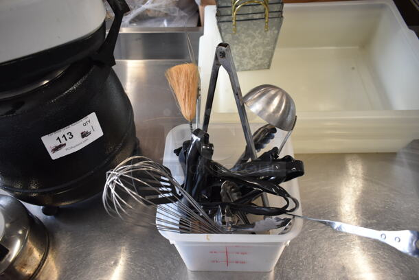 ALL ONE MONEY! Lot of Various Items Including Poly Bins, Utensils and Metal Tea Pot  - Image 6 of 9
