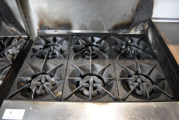 Garland SunFire Stainless Steel Commercial Natural Gas Powered 6 Burner Range w/ Flat Top Griddle, 2 Ovens, Over Shelf and Back Splash on Commercial Casters. 60x33x60 - Image 3 of 11