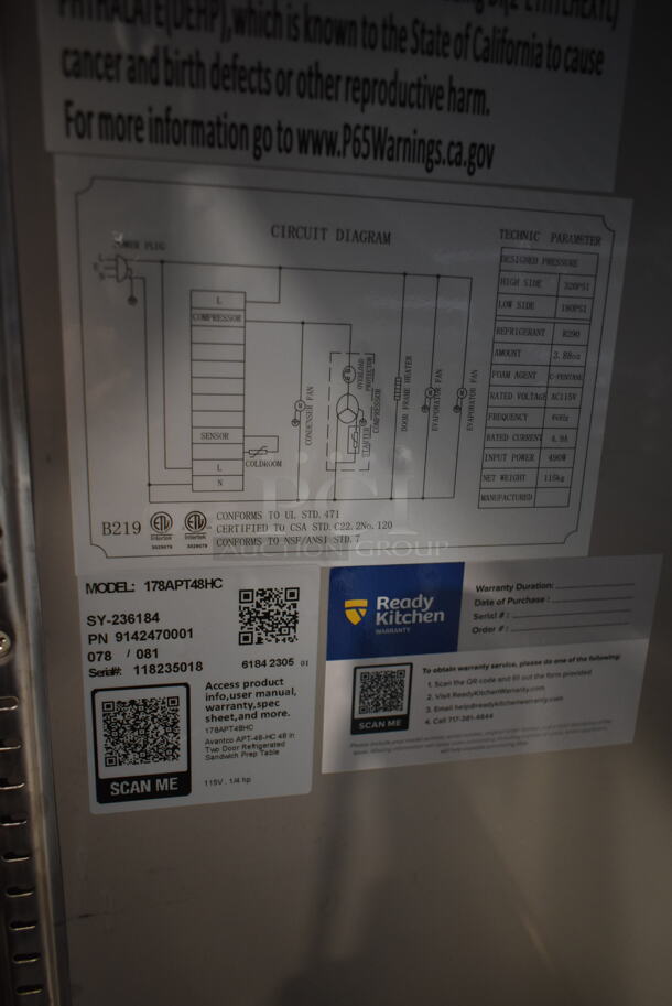BRAND NEW SCRATCH AND DENT! 2023 Avantco 178APT48HC Stainless Steel Commercial Sandwich Salad Prep Table Bain Marie Mega Top. 115 Volts, 1 Phase. Tested and Working! - Image 10 of 10