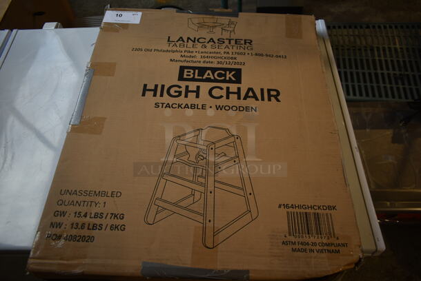 BRAND NEW SCRATCH AND DENT! 2022 Lancaster Table & Seating 164HIGHCKDBK Black Wooden Stackable High Chair. Stock Picture Used as Gallery. - Image 6 of 6