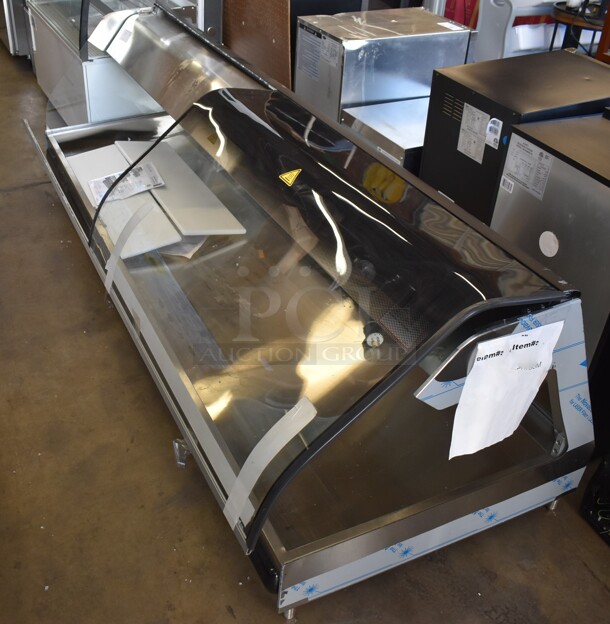 BRAND NEW SCRATCH AND DENT! 2022 Alto Shaam ED2-96 Stainless Steel Commercial Countertop Heated Display Case with Curved Glass. See Pictures for Broken Glass Panel. 120/208-240 Volts, 1 Phase.