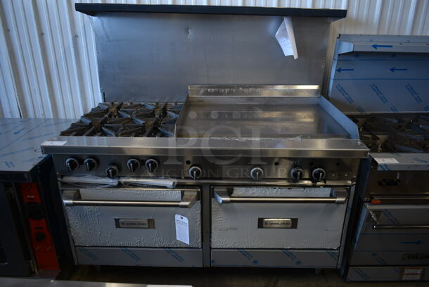 BRAND NEW SCRATCH AND DENT! Garland G60-4G36RR Stainless Steel Commercial Natural Gas Powered 4 Burner Range w/ Flat Top, 2 Ovens, Over Shelf and Back Splash.  - Image 1 of 10