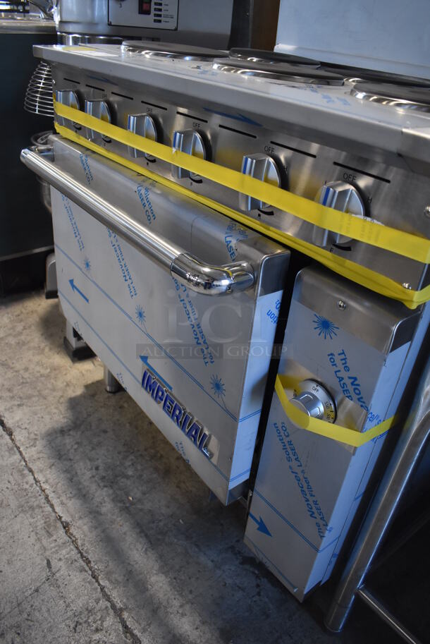 BRAND NEW SCRATCH AND DENT! Imperial IR-6-E Stainless Steel Commercial Electric Powered 6 Burner Hot Plate Range w/ Oven, Over Shelf and Back Splash. 240 Volts, 1 Phase. 36x31x55 - Image 11 of 11