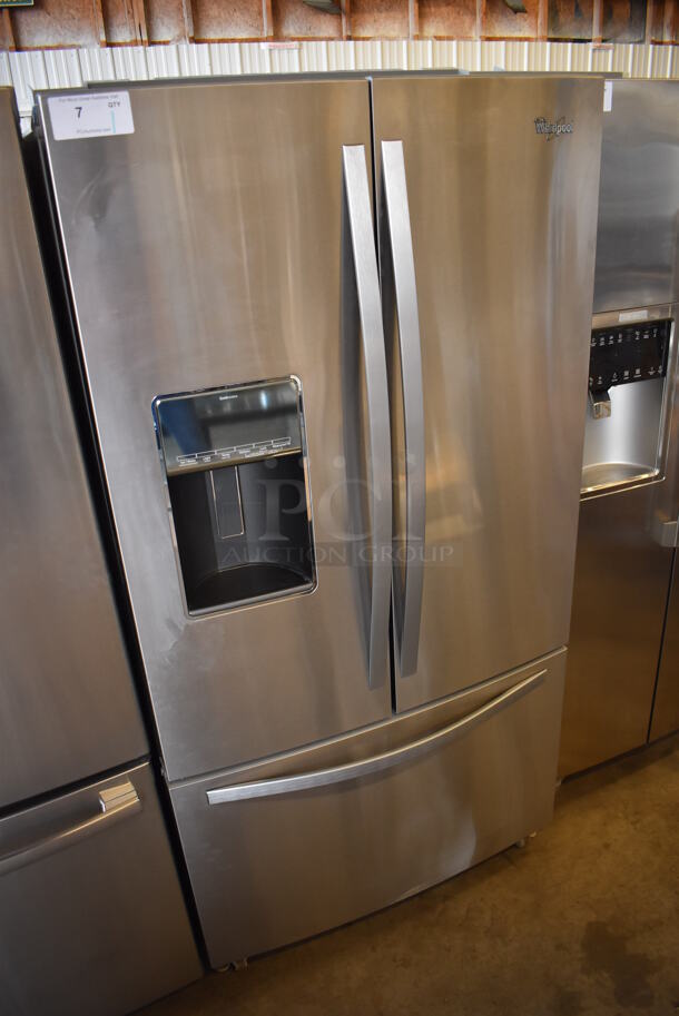 BRAND NEW SCRATCH AND DENT! Whirlpool WRF997SDDM00 Stainless Steel Commercial French Style Cooler Freezer Combo Unit w/ Water and Ice Dispenser. 115 Volts, 1 Phase. 36x36x70. Tested and Powers On and Cooler Works But Freezer Temps at 44 Degrees - Image 2 of 12