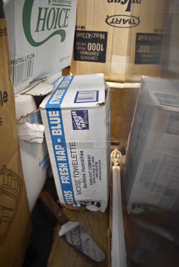 PALLET LOT of 20 BRAND NEW Boxes Including Moist Towelette, 2 Box 966TALLFLDN Choice Kraft Natural Tall-Fold 6" x 13" Dispenser Napkin - 8000/Case, 347RPBD10WHS Visions 10" White Plastic Plate with Silver Bands - 120/Case, 500TW7 Choice 7 oz. Translucent Thin Wall Plastic Cold Cup - 2500/Case, 2 Box 127RD16BULK Choice 16 oz. Customizable Microwavable Translucent Round Deli Container - 500/Case, 50012DWPLAKR EcoChoice 12 oz. Smooth Double Wall Kraft Compostable Paper Hot Cup - 500/Case, 2 Box 966UPWIDEB OneUp by Choice White 1-Ply Wide Interfold 6 1/2" x 8 1/2" Dispenser Napkin - 6000/Case, Choice 5 5/8" Crystal Clear Plastic Test Tube Shot / Shooter - 1000/Case, Dart 85HT3R 8" x 8" x 3" White Foam Three-Compartment Square Take Out Container with Perforated Hinged Lid - 200/Case, 347TCL9 Choice 9 oz. Clear Disposable Plastic Tumbler - 500/Case, 16RCLBLK Dart Optima Black Travel Lid. 20 Times Your Bid!  - Image 2 of 12