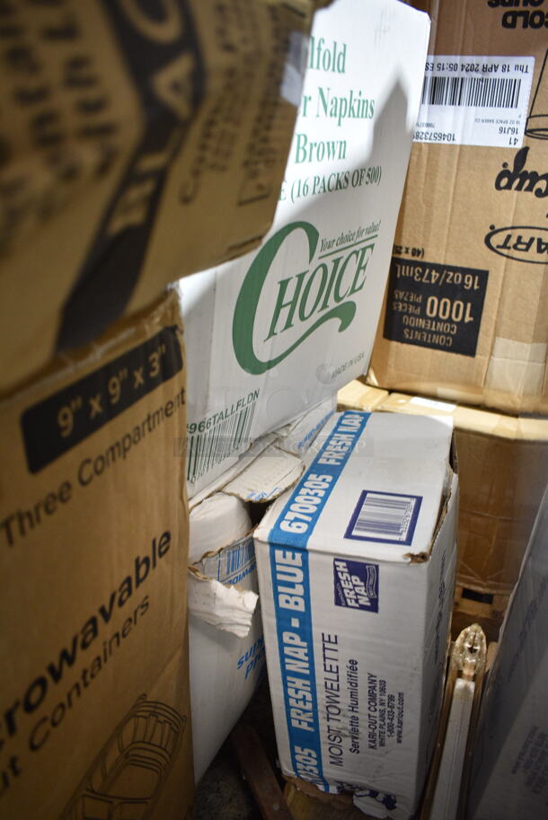 PALLET LOT of 20 BRAND NEW Boxes Including Moist Towelette, 2 Box 966TALLFLDN Choice Kraft Natural Tall-Fold 6" x 13" Dispenser Napkin - 8000/Case, 347RPBD10WHS Visions 10" White Plastic Plate with Silver Bands - 120/Case, 500TW7 Choice 7 oz. Translucent Thin Wall Plastic Cold Cup - 2500/Case, 2 Box 127RD16BULK Choice 16 oz. Customizable Microwavable Translucent Round Deli Container - 500/Case, 50012DWPLAKR EcoChoice 12 oz. Smooth Double Wall Kraft Compostable Paper Hot Cup - 500/Case, 2 Box 966UPWIDEB OneUp by Choice White 1-Ply Wide Interfold 6 1/2" x 8 1/2" Dispenser Napkin - 6000/Case, Choice 5 5/8" Crystal Clear Plastic Test Tube Shot / Shooter - 1000/Case, Dart 85HT3R 8" x 8" x 3" White Foam Three-Compartment Square Take Out Container with Perforated Hinged Lid - 200/Case, 347TCL9 Choice 9 oz. Clear Disposable Plastic Tumbler - 500/Case, 16RCLBLK Dart Optima Black Travel Lid. 20 Times Your Bid!  - Image 3 of 12