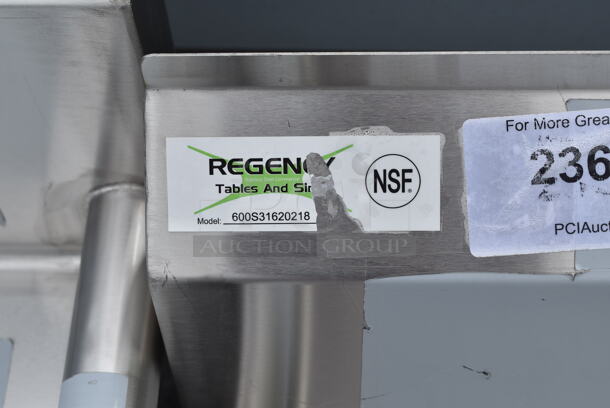 BRAND NEW SCRATCH AND DENT! Regency 600S31620218 88" 16 Gauge Stainless Steel Three Compartment Commercial Sink with Galvanized Steel Legs and 2 Drainboards - 16" x 20" x 12" Bowls - Image 9 of 9