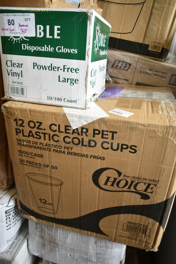 PALLET LOT of 25 BRAND NEW Boxes Including 164TS1800 Lancaster Table & Seating 18" Cast Iron Table Base Spider, QSB116CL Shelf Bins, DMT-20 20 Oz Cups, 500CC12 Choice Clear PET Customizable Plastic Cold Cup - 12 oz. - 1000/Case, 130BKFSNH Visions Heavy Weight Black Wrapped Plastic Cutlery Pack with Napkin - 500/Case, 3 Box 129MCS24B Choice 24 oz. Black Rectangular Microwavable Heavy Weight Container with Lid 8" x 5 1/4" x 2" - 150/Case, 43209600 Ecru Beverage Napkins, 394365L Large Noble Gloves, 128HD8COMBO ChoiceHD 8 oz. Microwavable Translucent Plastic Deli Container and Lid Combo Pack - 240/Case. 25 Times Your Bid! - Image 6 of 11