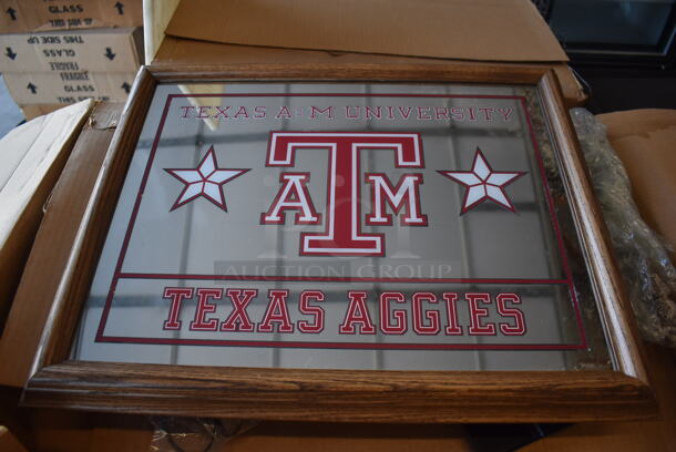12 IN ORIGINAL BOX! Texas A&M Lighted Mirror w/ Wood Pattern Frame. 120 Volts, 1 Phase. 12 Times Your Bid!