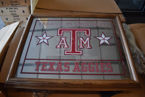 13 IN ORIGINAL BOX! Texas A&M Lighted Mirror w/ Wood Pattern Frame. 120 Volts, 1 Phase. 13 Times Your Bid!