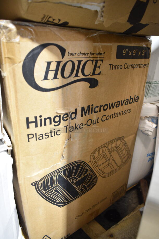 PALLET LOT of 20 BRAND NEW Boxes Including Moist Towelette, 2 Box 966TALLFLDN Choice Kraft Natural Tall-Fold 6" x 13" Dispenser Napkin - 8000/Case, 347RPBD10WHS Visions 10" White Plastic Plate with Silver Bands - 120/Case, 500TW7 Choice 7 oz. Translucent Thin Wall Plastic Cold Cup - 2500/Case, 2 Box 127RD16BULK Choice 16 oz. Customizable Microwavable Translucent Round Deli Container - 500/Case, 50012DWPLAKR EcoChoice 12 oz. Smooth Double Wall Kraft Compostable Paper Hot Cup - 500/Case, 2 Box 966UPWIDEB OneUp by Choice White 1-Ply Wide Interfold 6 1/2" x 8 1/2" Dispenser Napkin - 6000/Case, Choice 5 5/8" Crystal Clear Plastic Test Tube Shot / Shooter - 1000/Case, Dart 85HT3R 8" x 8" x 3" White Foam Three-Compartment Square Take Out Container with Perforated Hinged Lid - 200/Case, 347TCL9 Choice 9 oz. Clear Disposable Plastic Tumbler - 500/Case, 16RCLBLK Dart Optima Black Travel Lid. 20 Times Your Bid!  - Image 8 of 12