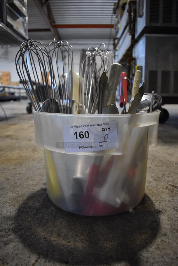 ALL ONE MONEY! Lot of Various Utensils in Poly Bin Including Whisks, Tongs and Spatula