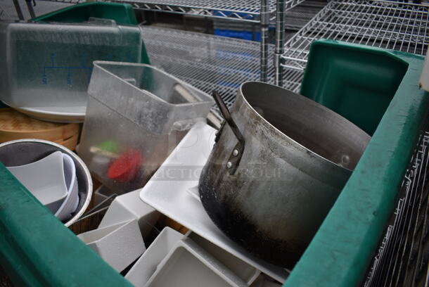 Green Poly Portable Bin on Commercial Casters w/ Contents Including Stock Pot and Poly Bins. 48x26x65 - Image 3 of 9