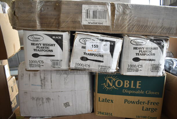 PALLET LOT of 35 BRAND NEW Boxes Including 2 Box 130WSPOON Choice Medium Weight White Plastic Teaspoon - 1000/Case, 245CB12PLN Choice 12" x 12" x 2" Kraft Customizable Corrugated Plain Pizza Box - 50/Case, 3 Box 130HSBK1M Visions Black Heavy Weight Plastic Teaspoon - Case of 1000, 394385L Noble Products White Powder-Free Disposable Latex Gloves for Foodservice - Large - 1000/Case, 127RD8COMBO Choice 8 oz. Customizable Microwavable Clear Round Deli Container and Lid Combo Pack - 250/Case, 127P400C Choice Clear Plastic Souffle Cup, 3 Box Choice 4 oz Portion Cups, 500CC12 12 oz. Plastic Cold Cup - 1000/Case, 3 Box Cambro 30HPD150 1/3 Size Amber High Heat Drain Tray, Noble X Large Gloves, 130HBKCUTFW Visions Individually Wrapped Black Heavy Weight Plastic Fork - 1000/Case. 35 Times Your Bid! - Image 3 of 9