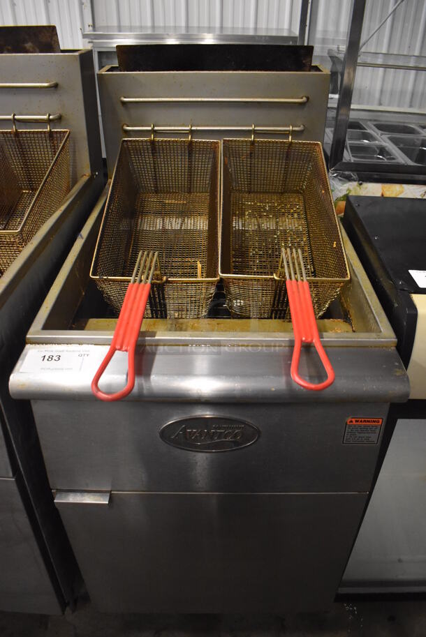2018 Avantco FF518-N Stainless Steel Commercial Floor Style Natural Gas Powered 100 Pound Capacity Deep Fat Fryer w/ 2 Metal Fry Baskets. 150,000 BTU. 21x30x49