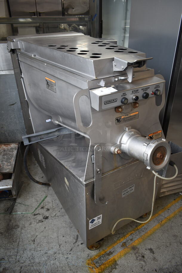 2015 Hobart MG2032 Metal Commercial Floor Style Electric Powered Meat Grinder w/ Foot Pedal on Commercial Casters. 208 Volts, 3 Phase.