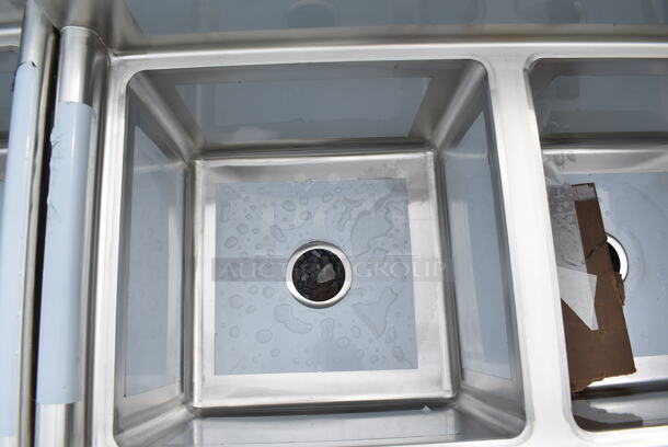 BRAND NEW SCRATCH AND DENT! Regency 600S31717 60" 16 Gauge Stainless Steel Three-Compartment Commercial Sink with Galvanized Steel Legs - 17" x 17" x 12" Bowls - Image 7 of 8