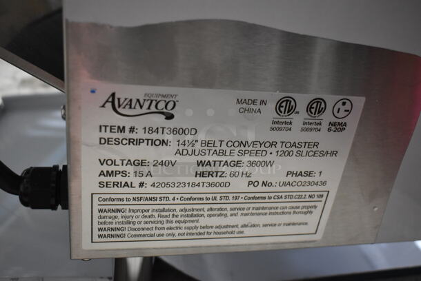 BRAND NEW SCRATCH AND DENT! Avantco 184T3600D Stainless Steel Commercial 14 1/2" Wide Conveyor Toaster with 3" Opening. 240 Volts, 1 Phase. - Image 7 of 7