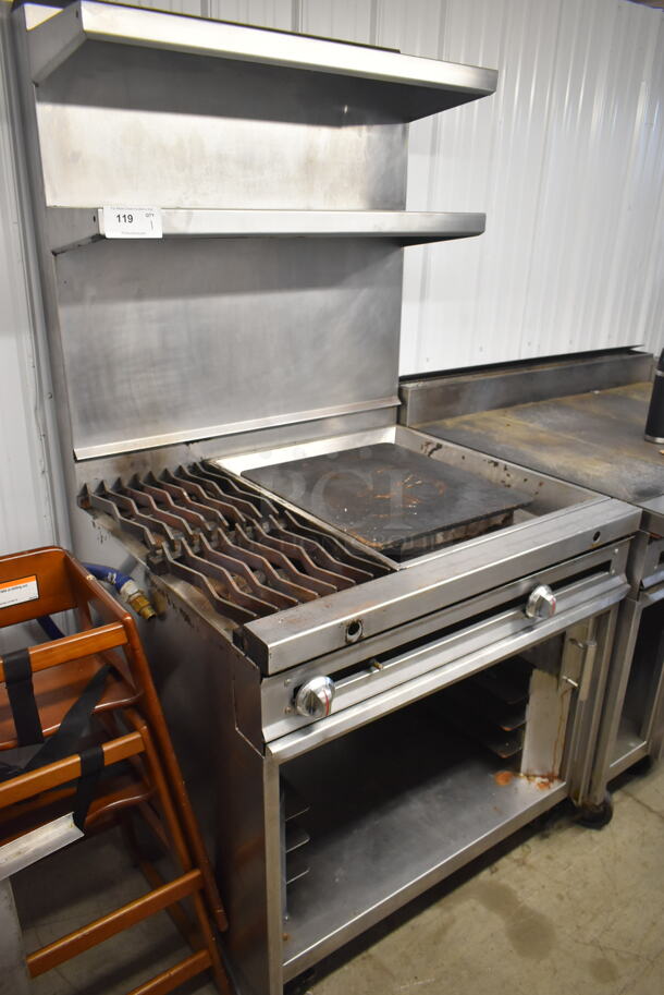 Jade Range JTRH-2-24IP Commercial Stainless Steel Heavy Duty Natural Gas Powered Range With Fry Top, Hot Top, Broiler, 2 Overshelves, And Box Of Additional Parts On Commercial Casters. - Image 2 of 8