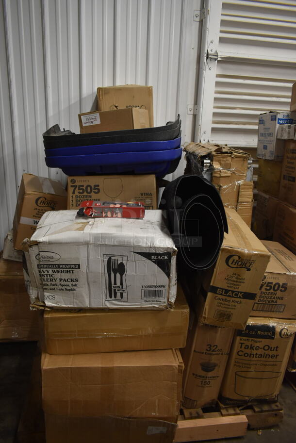 PALLET LOT of 26 BRAND NEW! Boxes Including Regency 460SS2142 Spec Line 21" x 42" NSF Stainless Steel Solid Shelf, 129MCR24B Choice 24 oz. Black Round Microwavable Heavy Weight Container with Lid 7 1/4" - 150/Case, 2 Box Libbey 7505 Vina 18.25 oz. Customizable Balloon Wine / Cocktail Glass - 12/Case, 2 Box Choice Medium Weight White Plastic Soup Spoon - 1000/Case, 130BKFSH Visions Wrapped Black Heavy Weight Plastic Cutlery Pack, 84891005127 Globe Industrial Matte Black Hardwire Pendant Light. 26 Times Your Bid! - Image 10 of 10