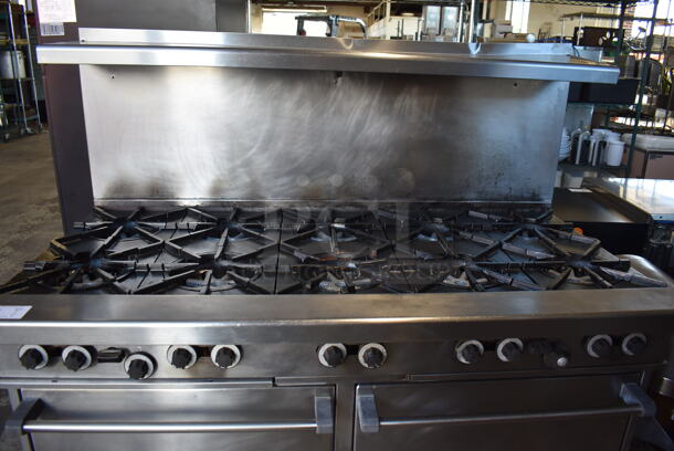 Stainless Steel Commercial Natural Gas Powered 10 Burner Range w/ 2 Ovens, Over Shelf and Back Splash on Commercial Casters. 60x33x58 - Image 4 of 7