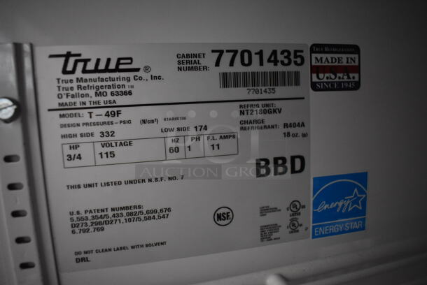 2013 True T-49F ENERGY STAR Stainless Steel Commercial 2 Door Reach In Freezer w/ Poly Coated Racks on Commercial Casters. 115 Volts, 1 Phase. Tested and Working! - Image 4 of 9