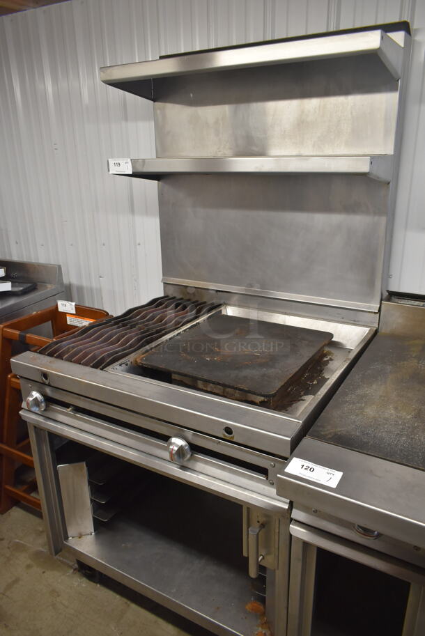 Jade Range JTRH-2-24IP Commercial Stainless Steel Heavy Duty Natural Gas Powered Range With Fry Top, Hot Top, Broiler, 2 Overshelves, And Box Of Additional Parts On Commercial Casters. - Image 3 of 8