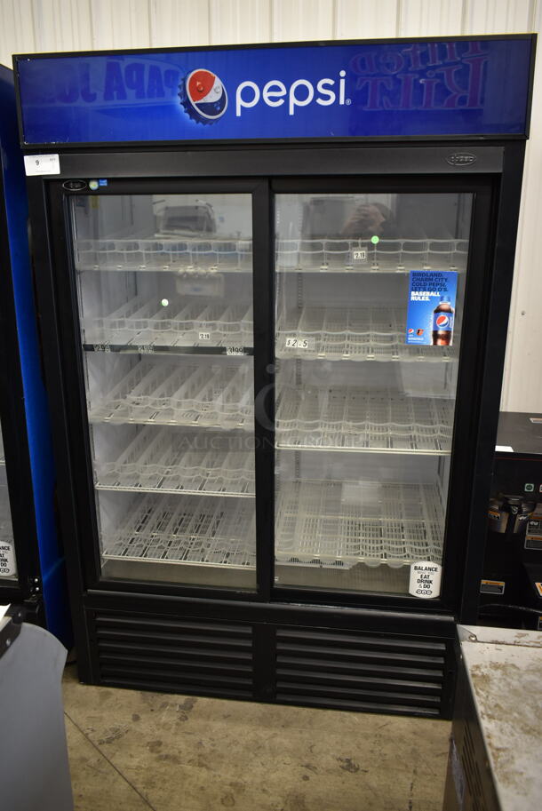 QBD ENERGY STAR Metal Commercial 2 Door Reach In Cooler Merchandiser w/ Poly Coated Racks and Drink Sliders. 115 Volts, 1 Phase. Tested and Working!