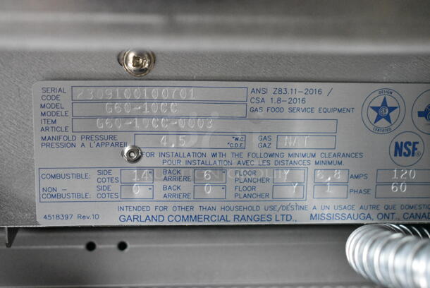 BRAND NEW SCRATCH AND DENT! 2023 Garland G60-10CC Stainless Steel Natural Gas 10 Burner 60" Range with 2 Convection Ovens and Back Splash. 406,000 BTU. - Image 12 of 12