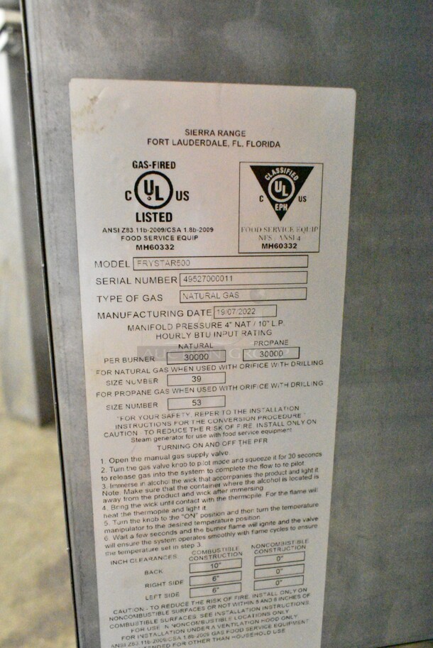 2022 Sierra FRYSTAR500 Stainless Steel Commercial Floor Style Natural Gas Powered Deep Fat Fryer w/ 2 Metal Fry Baskets on Commercial Casters.  - Image 7 of 7