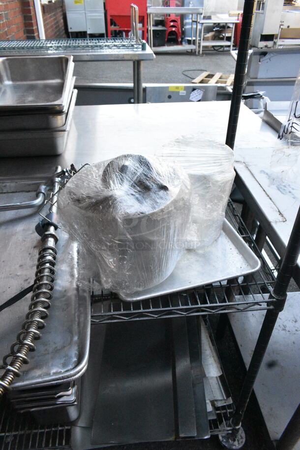 Green Finish 4 Tier Wire Shelving Unit on Commercial Casters w/ Contents including Baskets, Stainless Steel Drop In Bins and Metal Baking Pans. BUYER MUST DISMANTLE. PCI CANNOT DISMANTLE FOR SHIPPING. PLEASE CONSIDER FREIGHT CHARGES. - Image 5 of 8