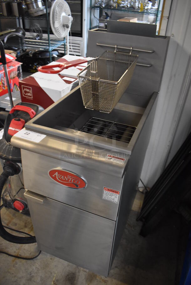 LIKE NEW! 2021 Avantco FF300-N Stainless Steel Commercial Floor Style Natural Gas Powered Deep Fat Fryer w/ 1 Metal Fry Basket. 90,000 BTU. Used a Few Times at Trade Show. 15.5x30x47. Tested and Working! - Image 2 of 6