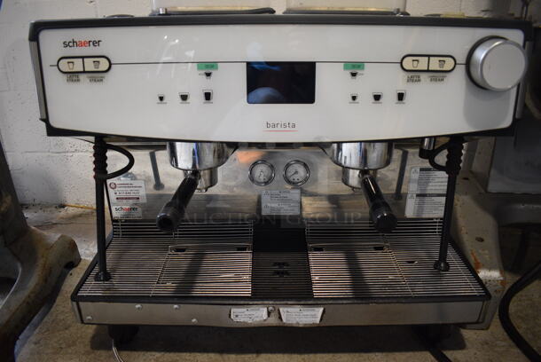 Schaerer Barista Stainless Steel Commercial Countertop 2 Group Espresso Machine w/ 2 Portafilters, 2 Steam Wands and 2 Hoppers. Hoppers Are Missing Lids. 208 Volts, 1 Phase. 29x22x30 - Image 2 of 6