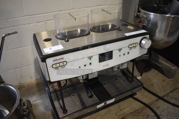 Schaerer Barista Stainless Steel Commercial Countertop 2 Group Espresso Machine w/ 2 Portafilters, 2 Steam Wands and 2 Hoppers. Hoppers Are Missing Lids. 208 Volts, 1 Phase. 29x22x30 - Image 5 of 6