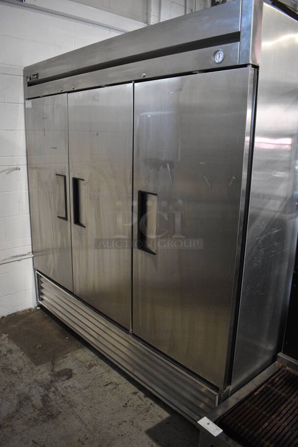 True T-72 Stainless Steel Commercial 3 Door Reach In Cooler w/ Poly Coated Racks. 115 Volts, 1 Phase. 78x30x79. Tested and Working!
