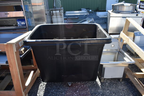 BRAND NEW SCRATCH AND DENT! Rubbermaid Black Poly Tilt Truck on Commercial Casters. 