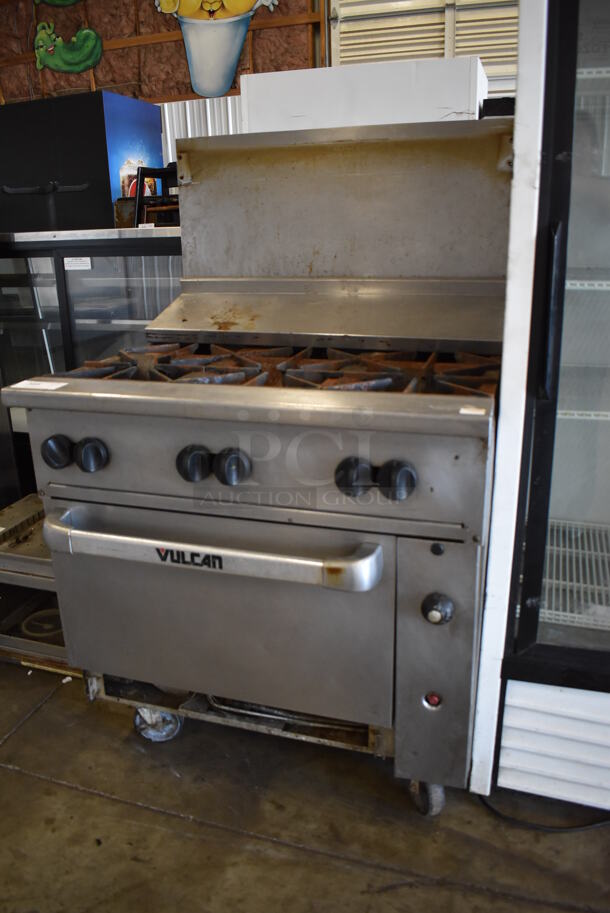 Vulcan Stainless Steel Commercial Natural Gas Powered 6 Burner Range w/ Oven, Back Splash and Over Shelf on Commercial Casters. 36x35x59 - Image 3 of 7